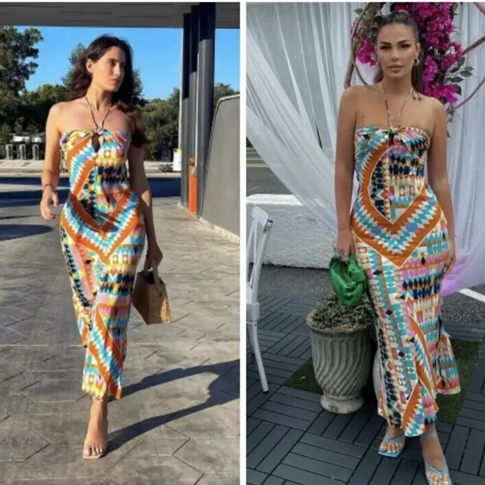 Zara Geometric Printed Strappy Halter Midi Dress NWOT Size Medium Blogger Fav - Picture 3 of 12